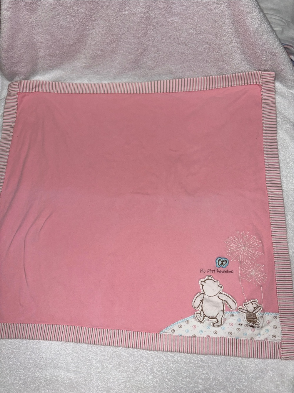 Disney classic Pooh Pink Winnie the pooh receiving Blanket with Striped Trim